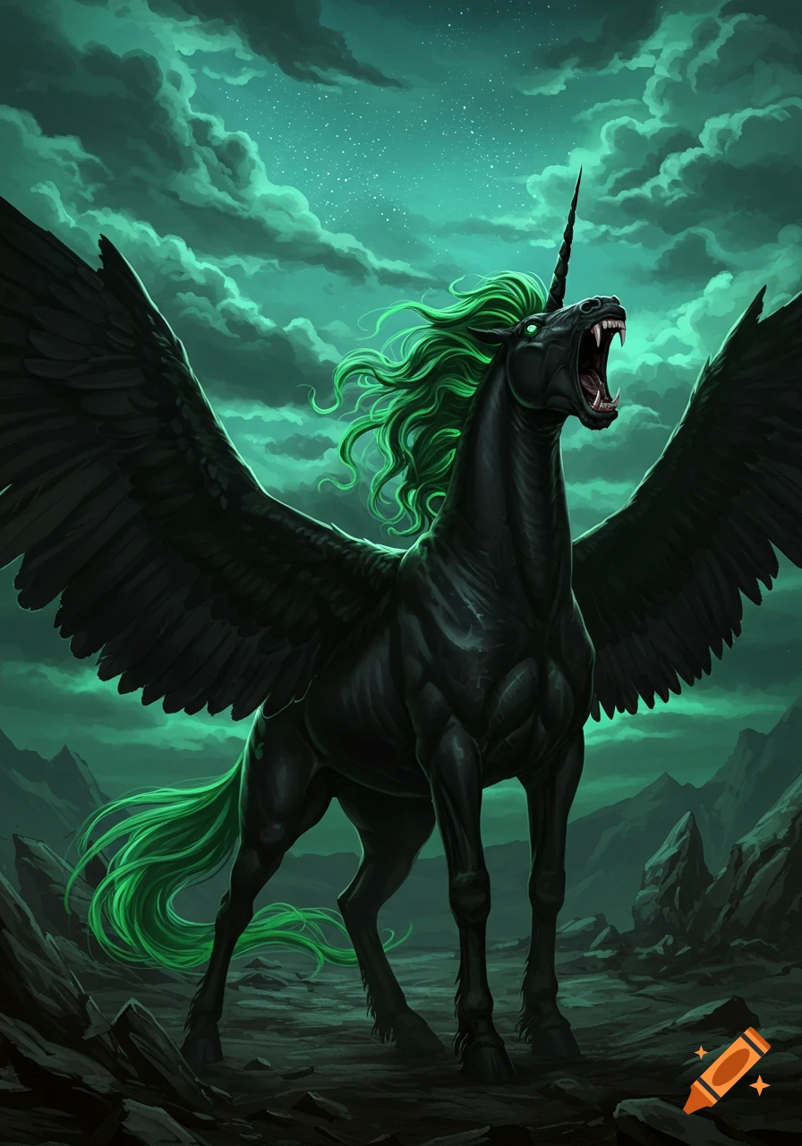 A menacing black winged unicorn with a green mane, fanged mouth, and horn, stands on rocky ground under a dark, starry green sky.