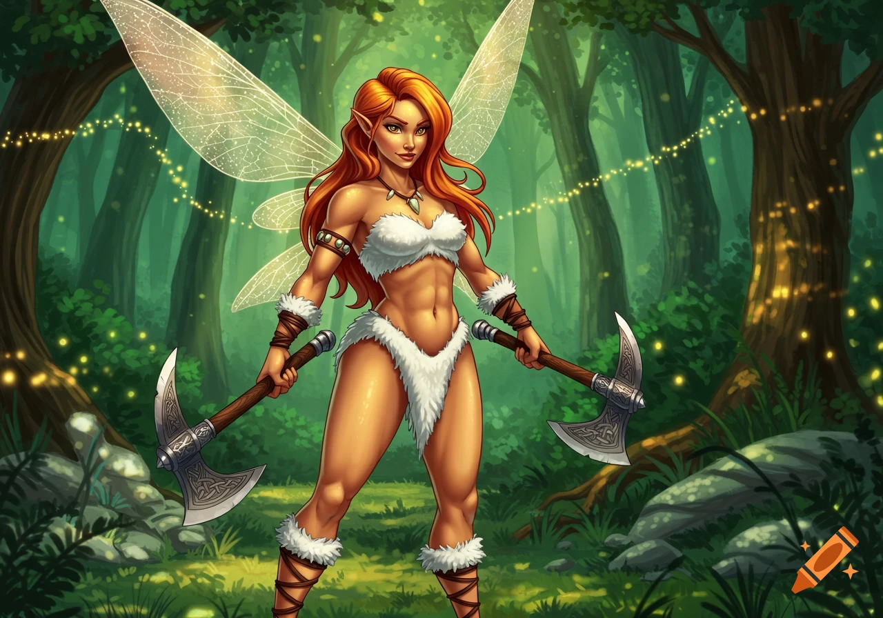 An athletic red-haired fantasy fairy with dragonfly wings, wearing a furkini, wielding two celtic handaxes in a magical forest, 2D art style.