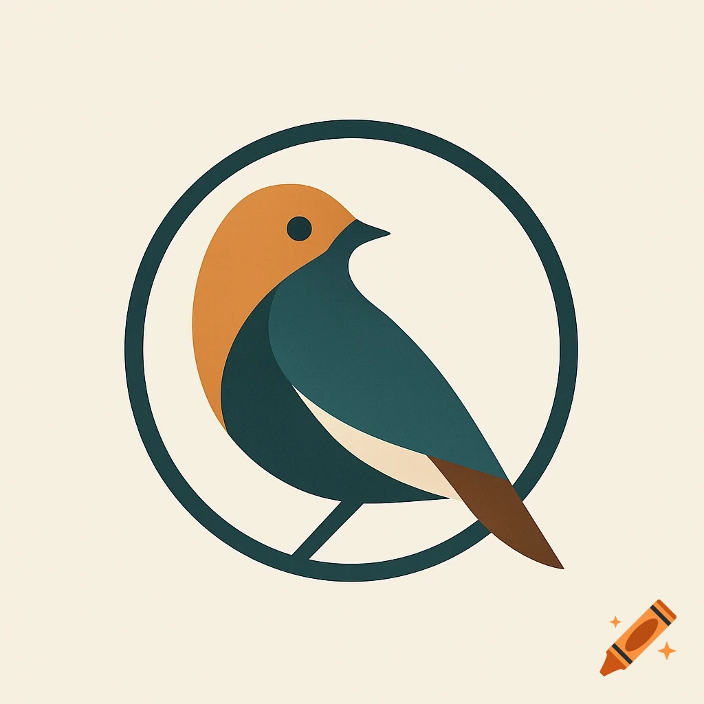 A minimalist, geometric logo of a stylized bird with an orange head, teal body, and brown tail, contained within a dark circular outline, on a light beige background.