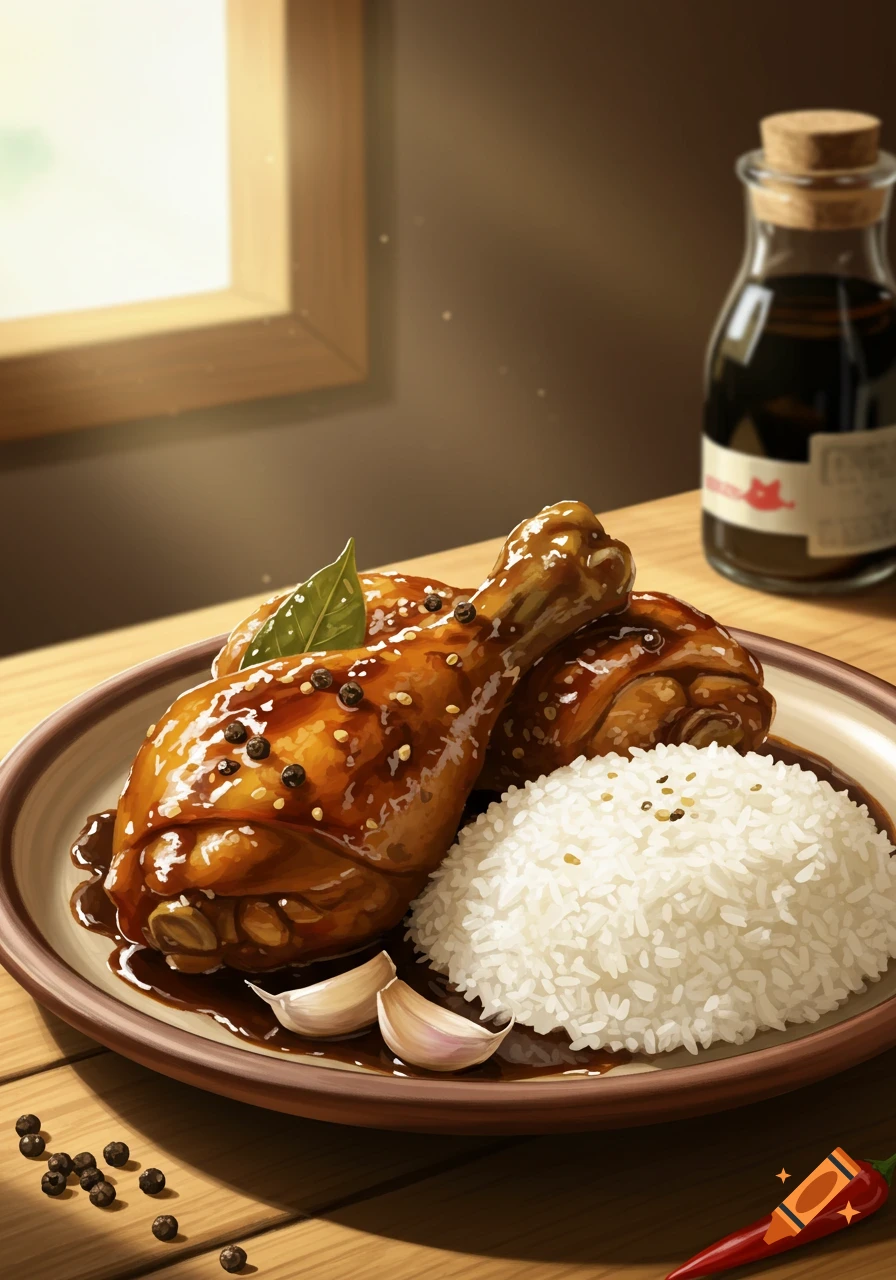A digital painting of chicken adobo drumsticks with rice, garlic, and peppercorns on a plate, with a bottle in the background.