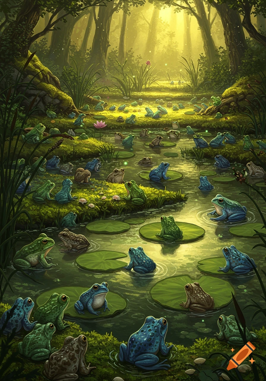 A vibrant illustration shows many green and blue frogs in a magical forest pond, sitting on lily pads and moss, bathed in golden light.