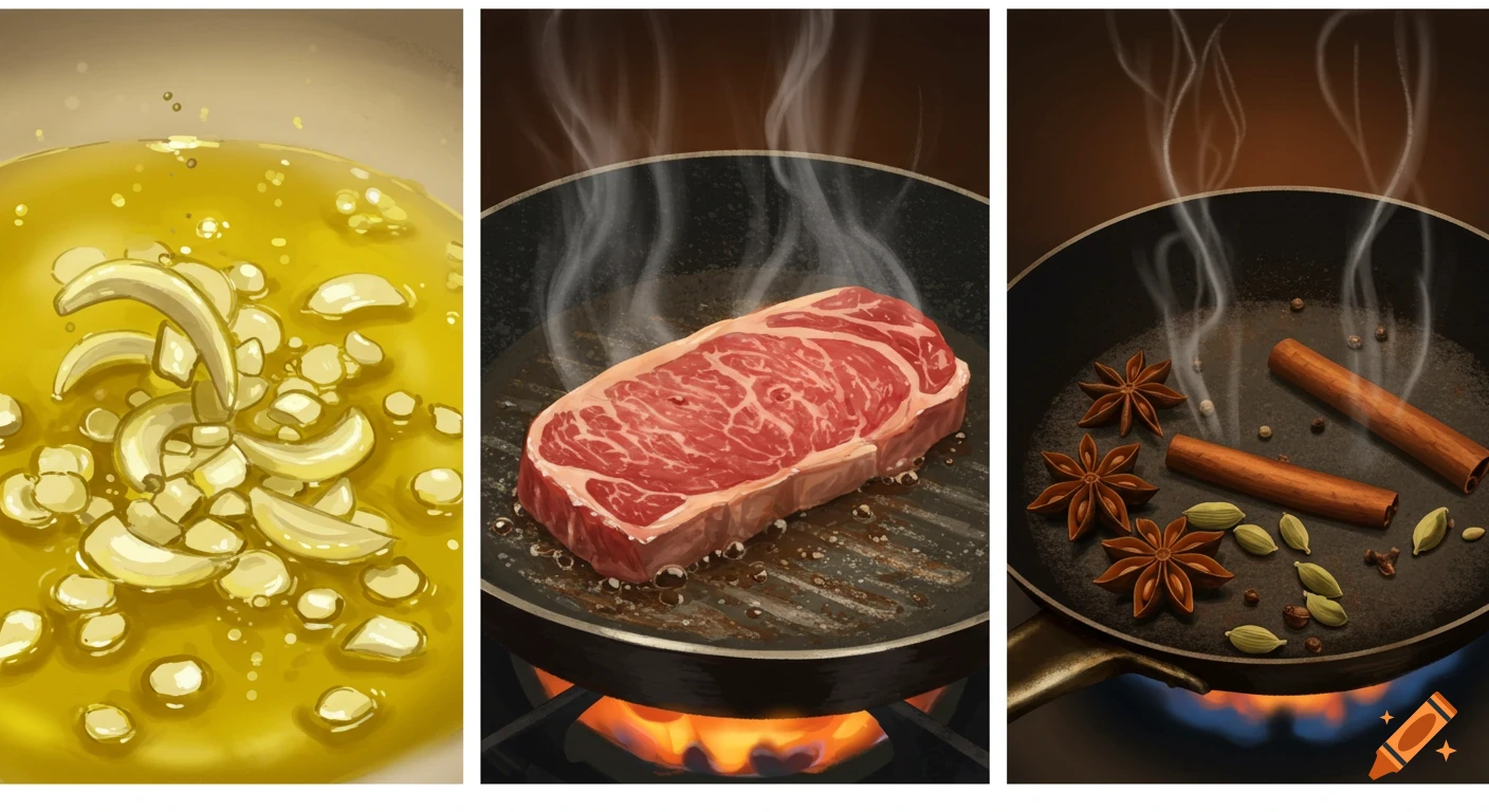 A triptych illustration showing garlic cloves frying in oil, a raw steak searing in a grill pan, and whole spices toasting in a pan.