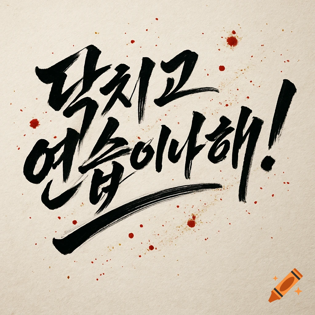 Korean calligraphy spelling '닥치고 연습이나해!' (Shut up and practice!) in black ink on textured paper with red splatters.