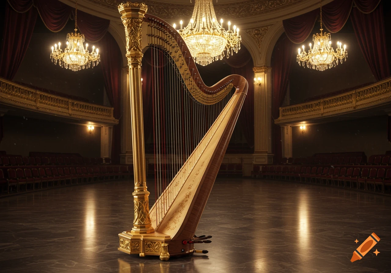 A golden harp stands center stage in an ornate concert hall with chandeliers and red velvet curtains, photorealistic.