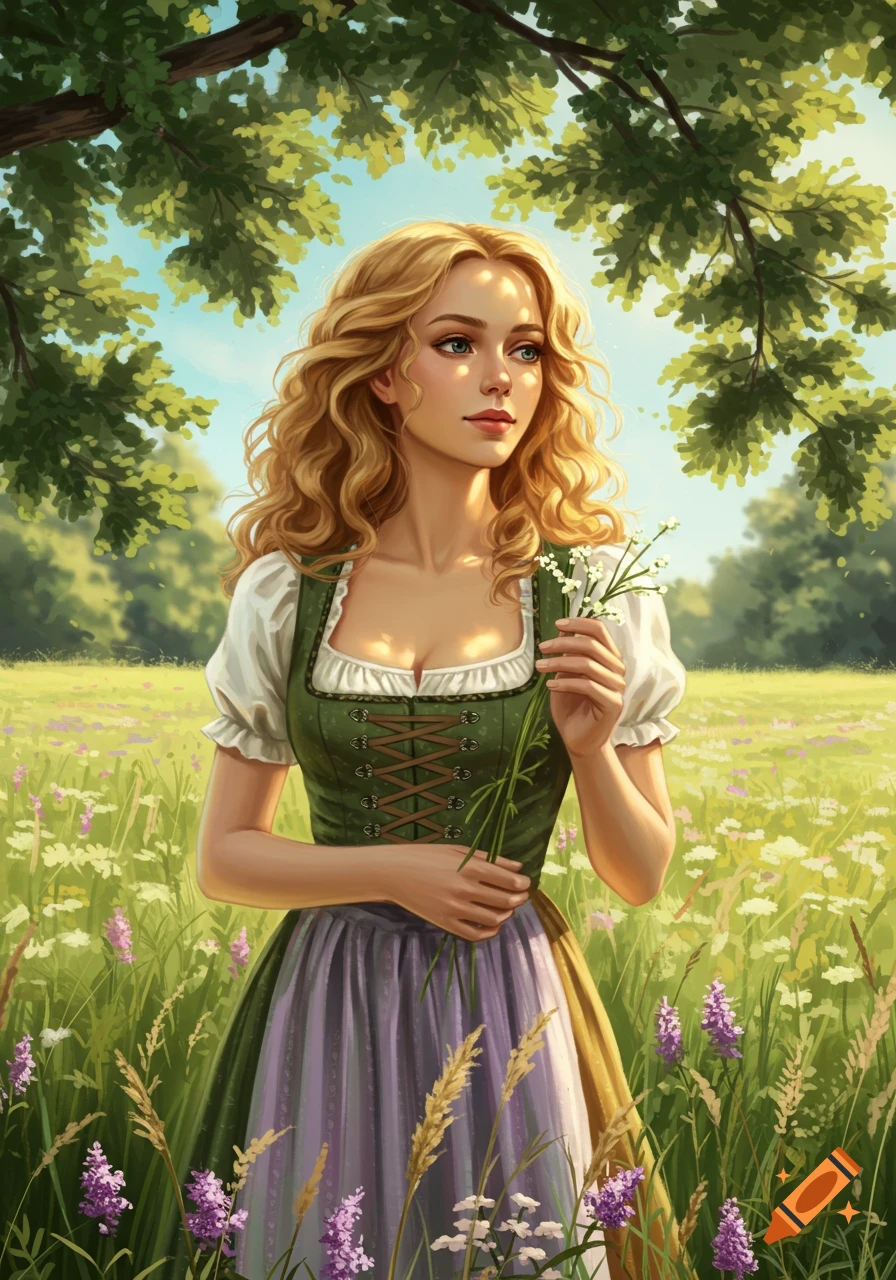 A blonde woman in a dirndl holds wildflowers in a sunny field under trees, in a digital illustration.