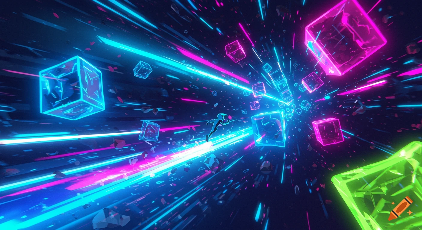 A stylized figure runs through a futuristic, neon-lit tunnel with glowing blue and pink cubes and light trails, in a digital art style.