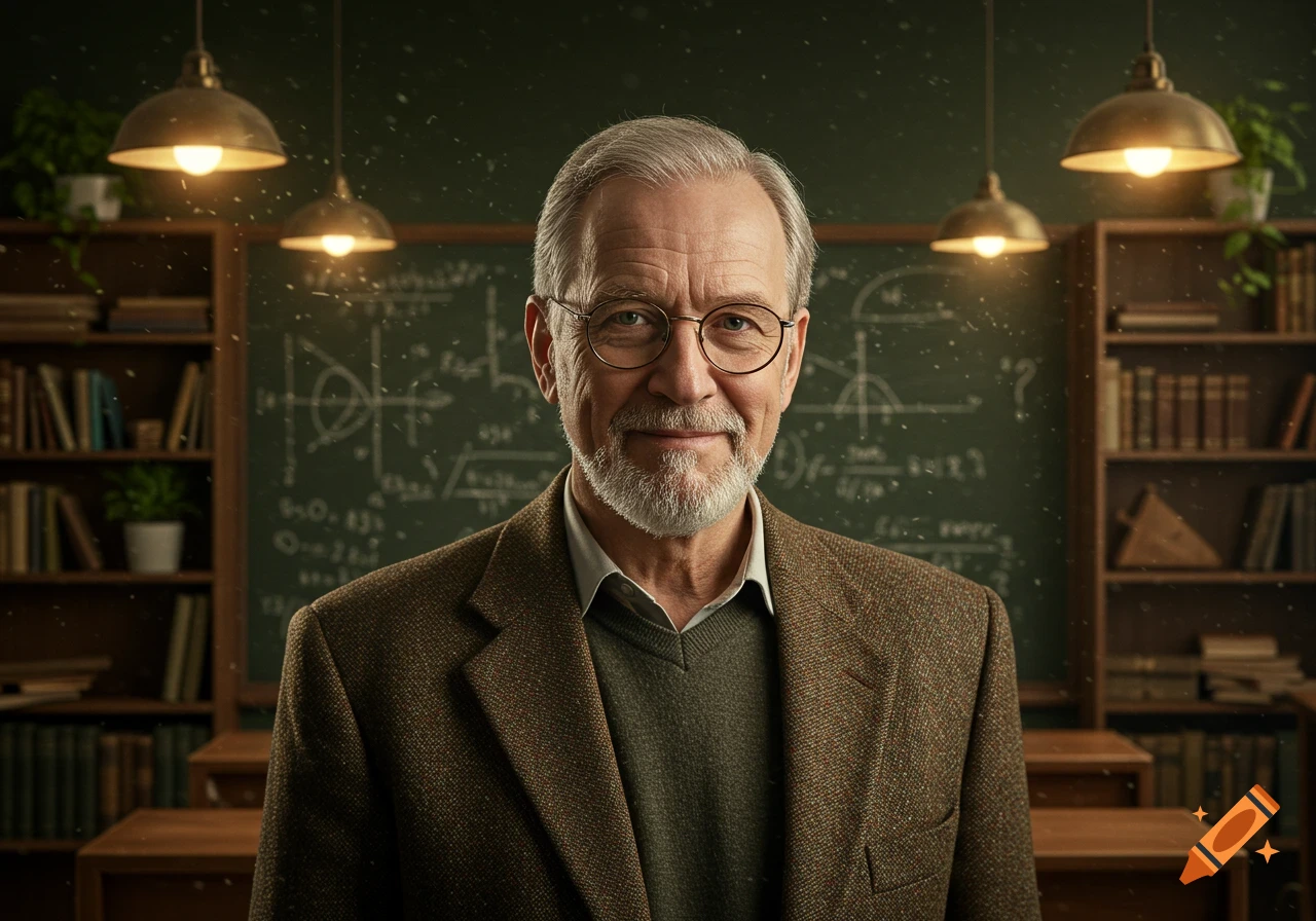 A smiling older man with gray hair, glasses, and a beard stands in a classroom with a blackboard and bookshelves, in a photorealistic style.