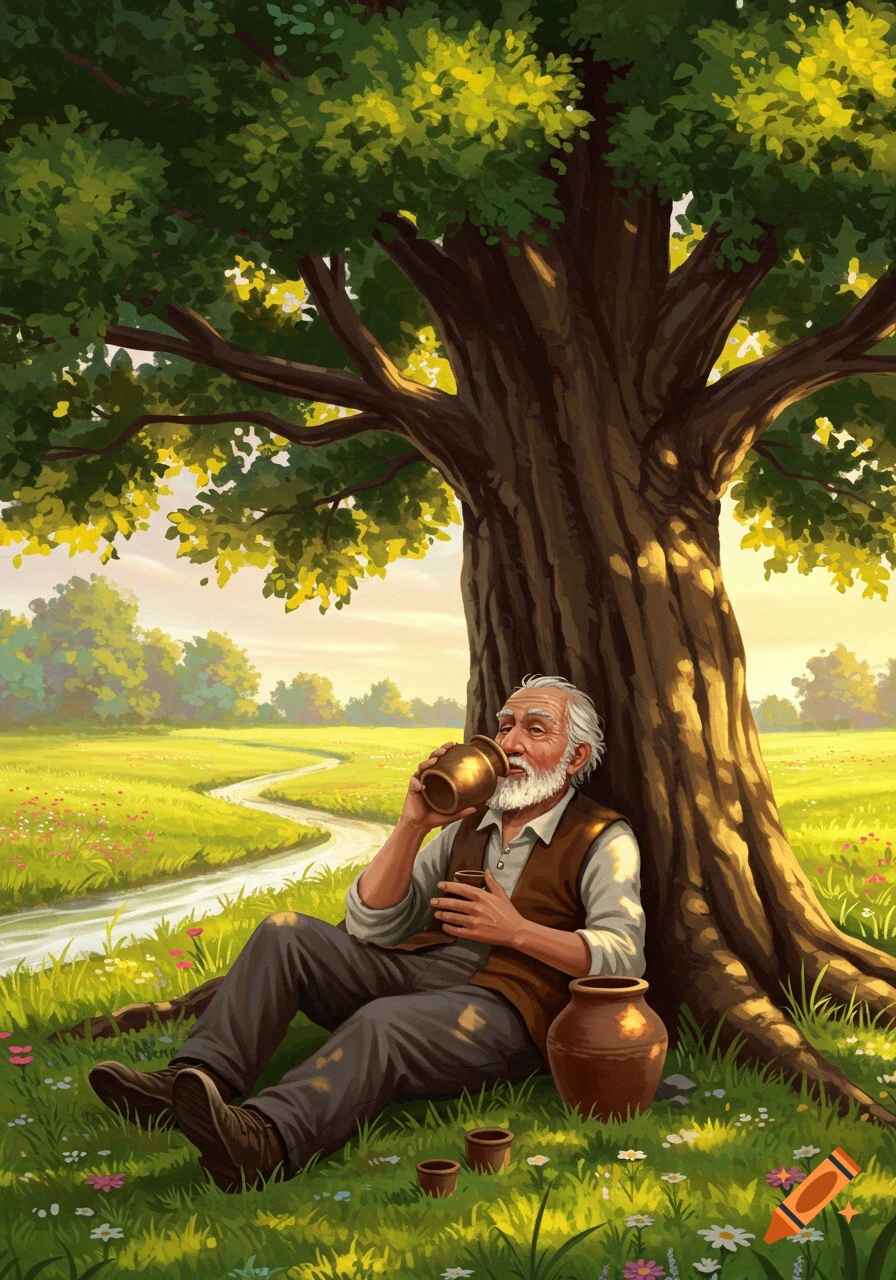 An old man with a white beard sits under a large leafy tree in a sunny green field, drinking from a bronze jar. A winding stream flows in the background.