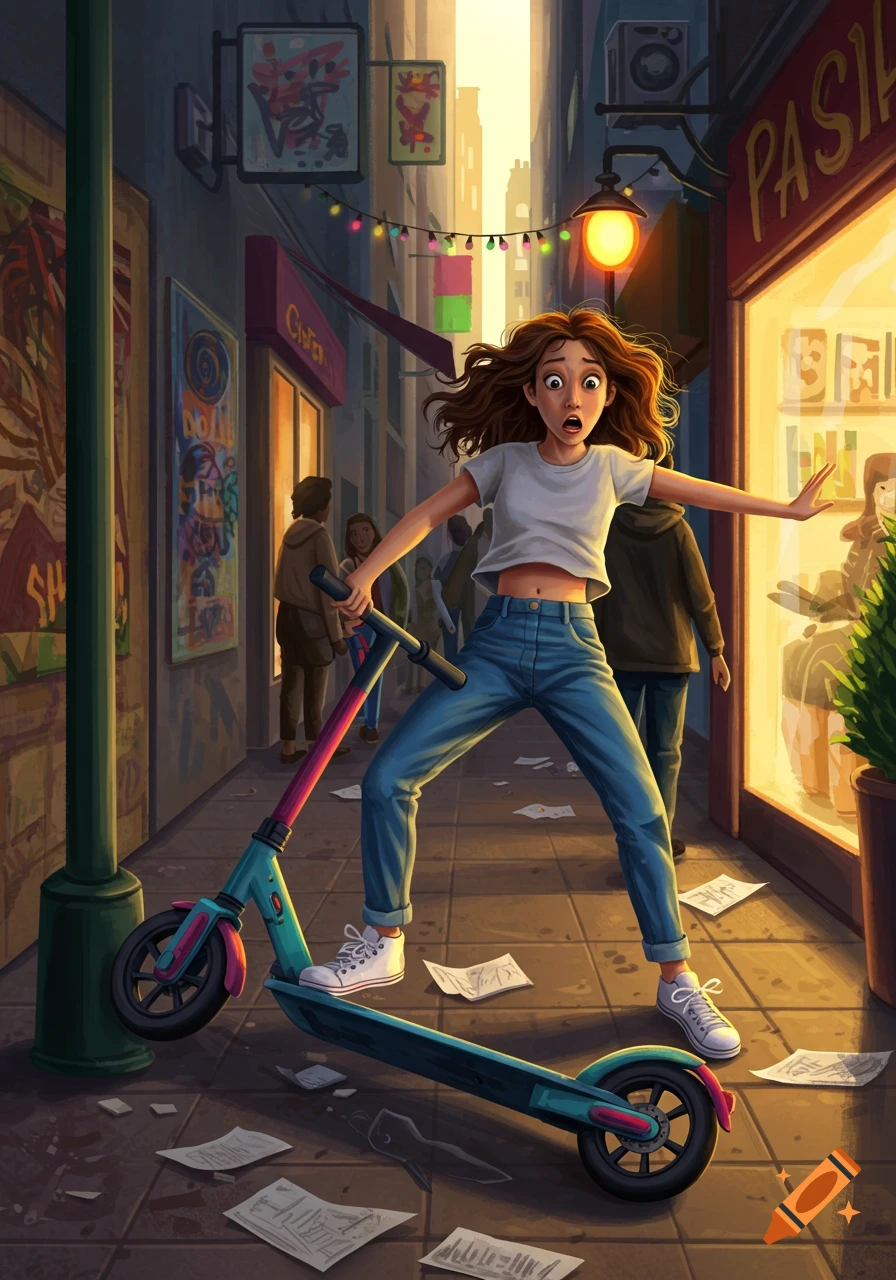 A young woman in a white crop top and jeans trips dramatically over a blue and pink scooter on a city street, scattering papers. Illustrated.