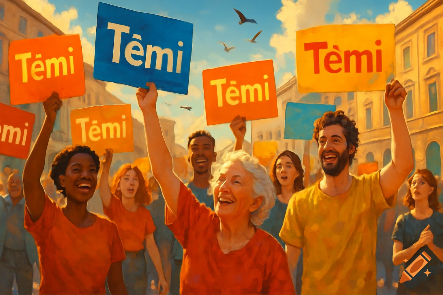A diverse crowd of people cheering and holding up signs that say 'Têmi' at an outdoor rally in a painterly style.