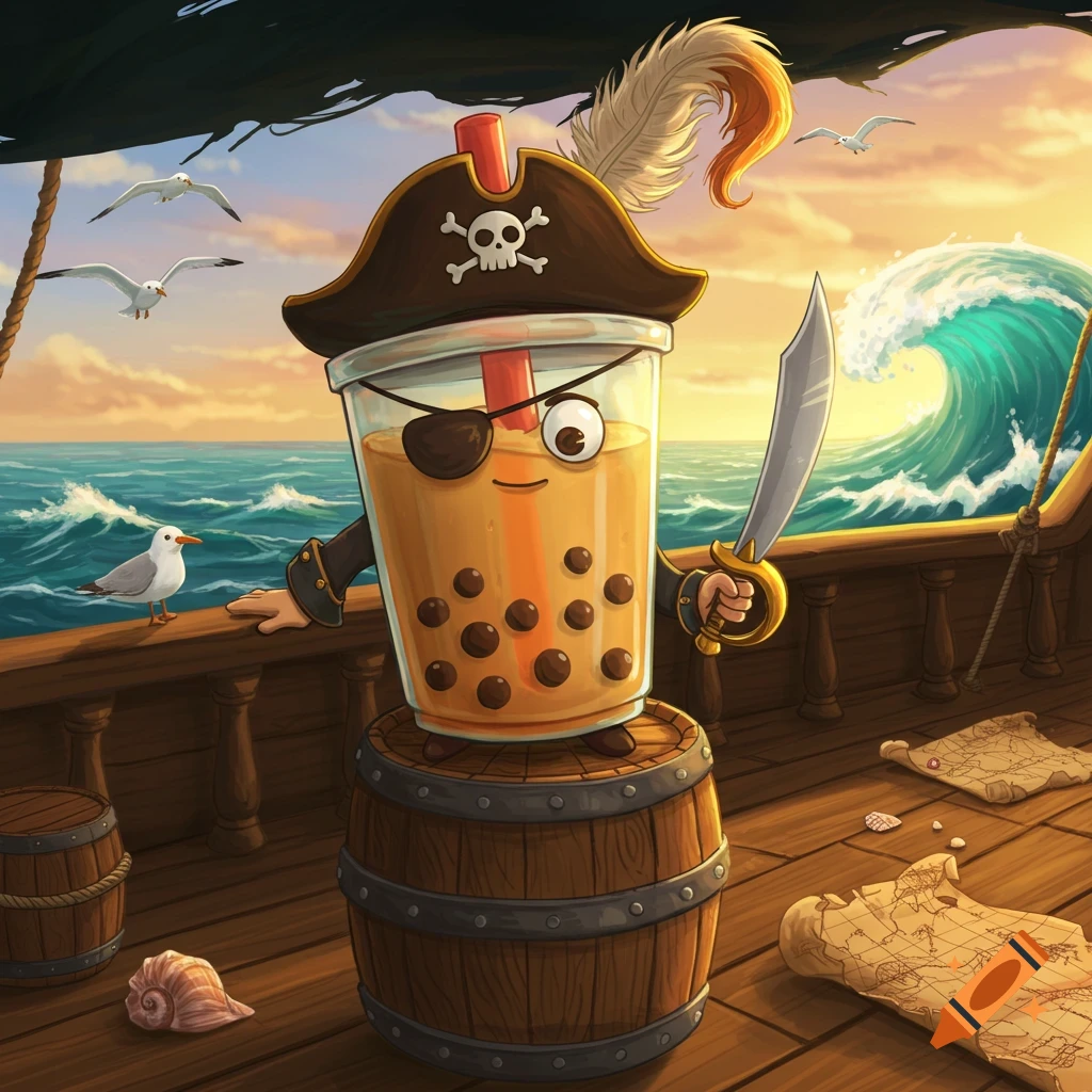 A cartoon boba tea pirate, with an eye patch and sword, stands on a barrel on a ship deck at sunset with a large wave.