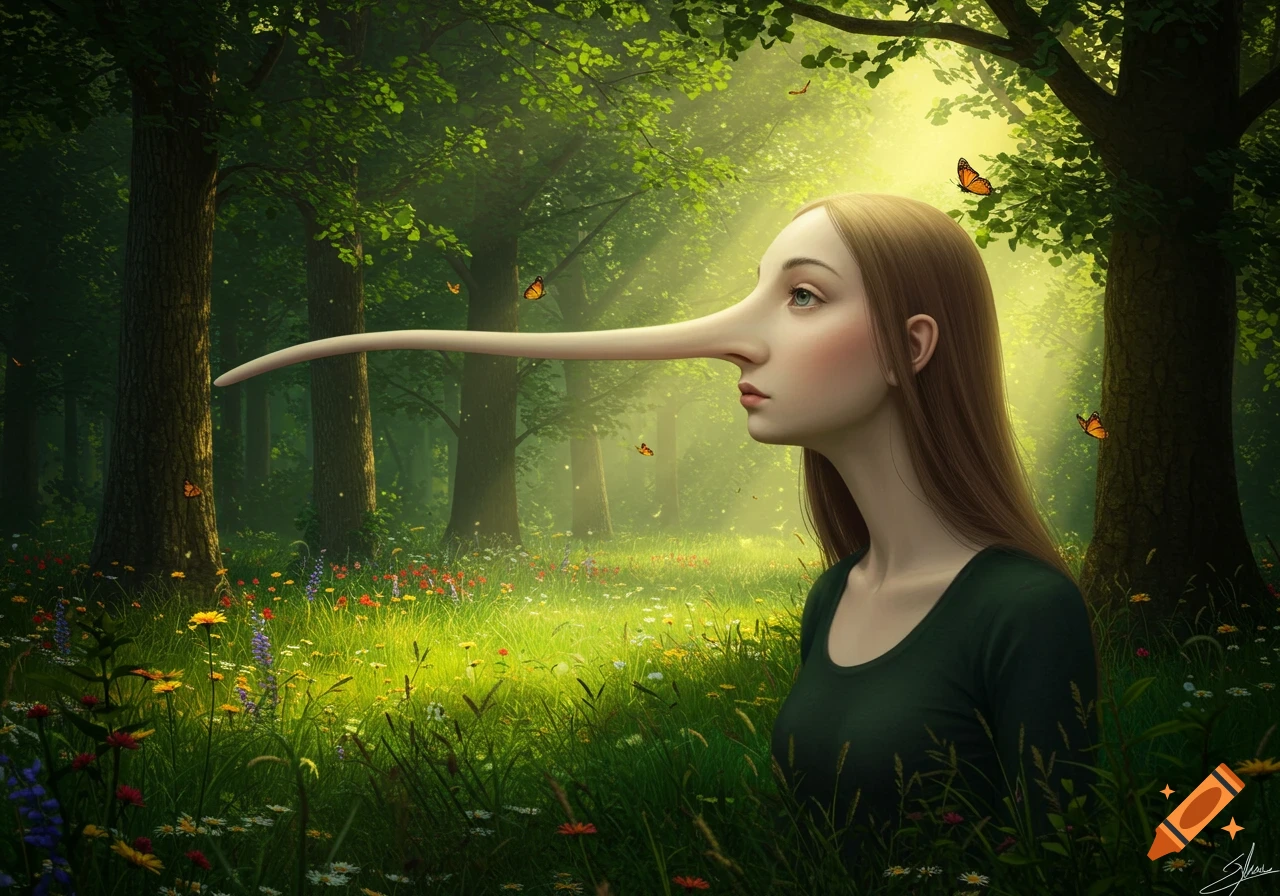 Fantasy portrait of a young woman with an extremely long nose, looking right in a sunlit forest with wildflowers and butterflies.