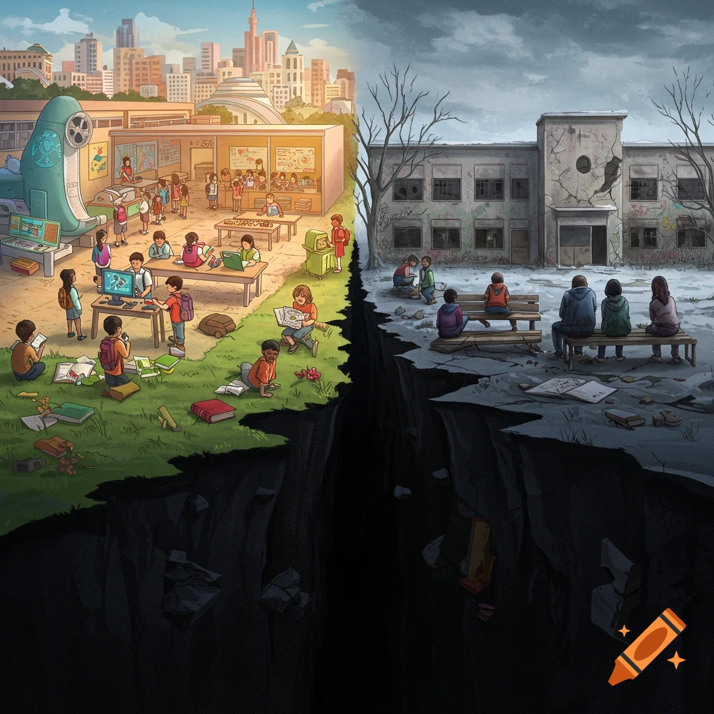 Illustration showing a stark divide: on the left, children learn in a modern school; on the right, children sit by a ruined building, separated by a chasm.