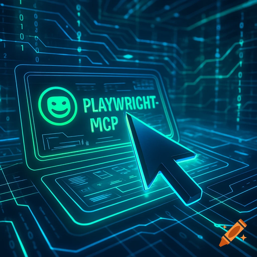 A glowing green laptop screen showing 'PLAYWRIGHT-MCP' with a smiley icon, a cursor, and blue circuit board lines and binary code in the background.