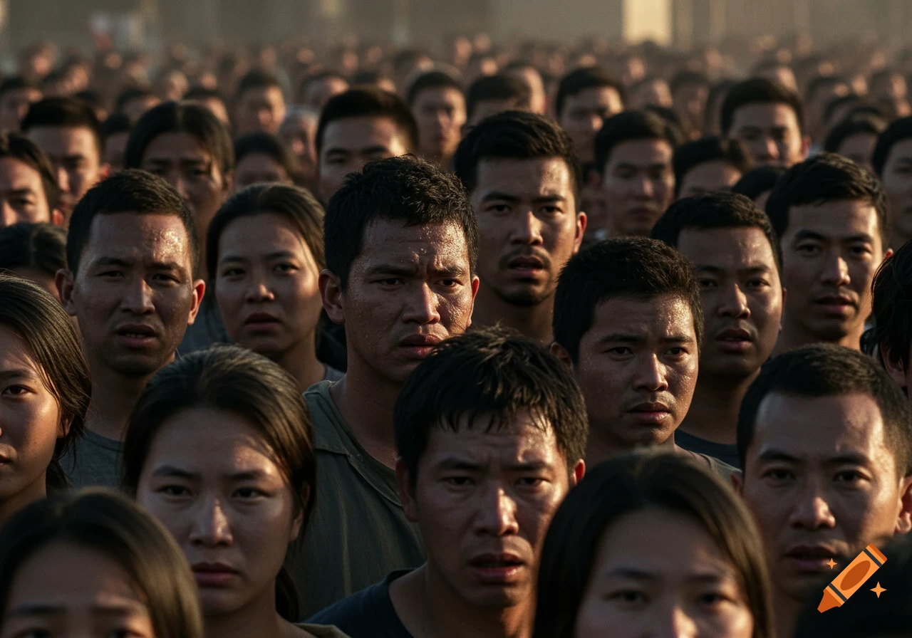 Photorealistic close-up of a dense crowd of people with serious, pensive expressions.