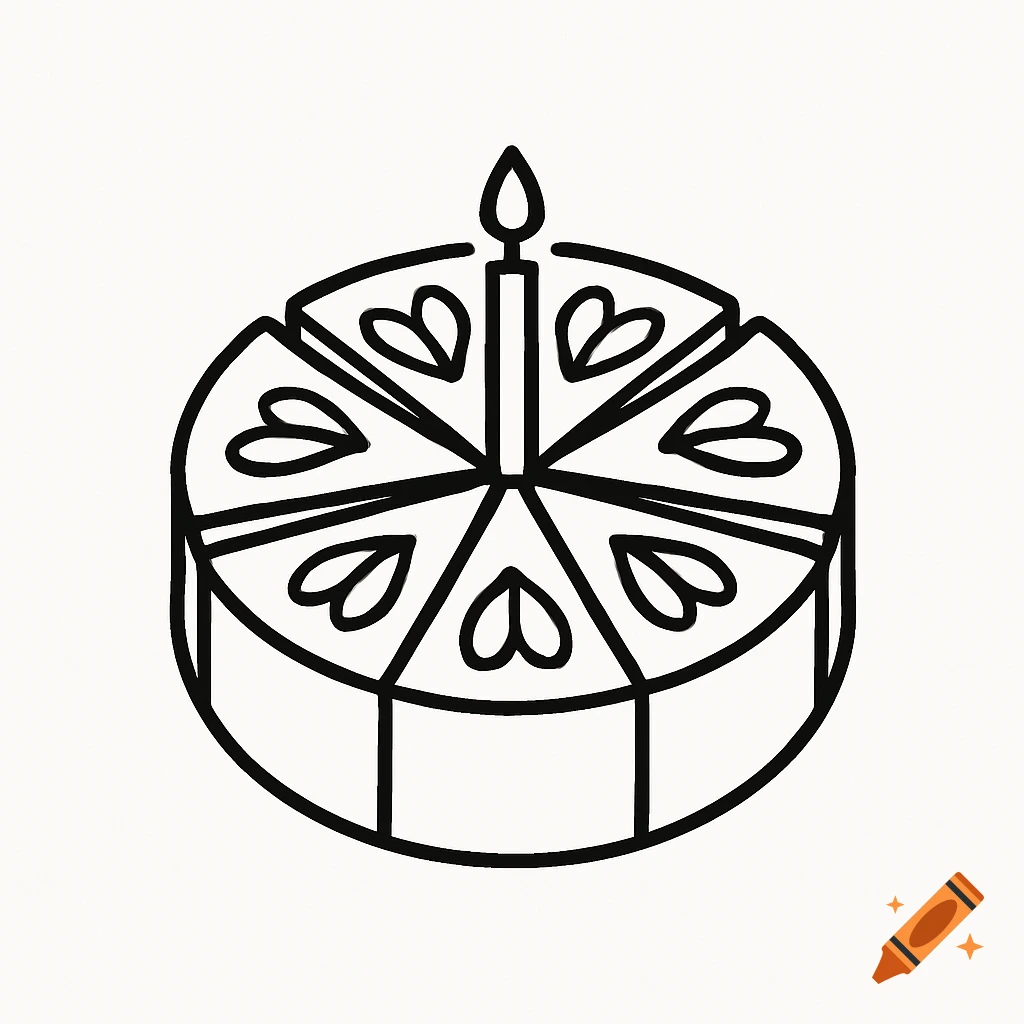 A minimal black and white line art logo of a round birthday cake with a lit candle, sliced into pieces with heart-shaped decorations.