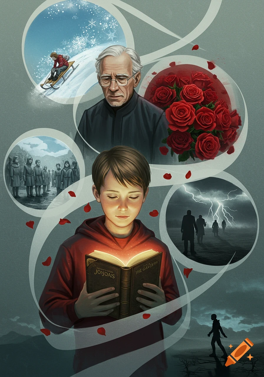 Illustrated boy reads a glowing book, surrounded by vignettes of an old man, red roses, a sledding child, uniform figures, and a stormy scene.