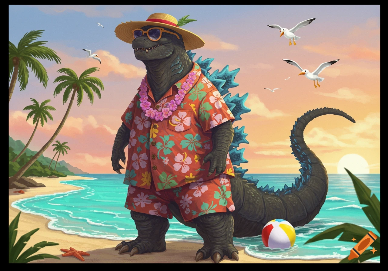 A cartoon Godzilla in a Hawaiian shirt, shorts, straw hat, and sunglasses stands on a sunny beach with palm trees, seagulls, and a beach ball.