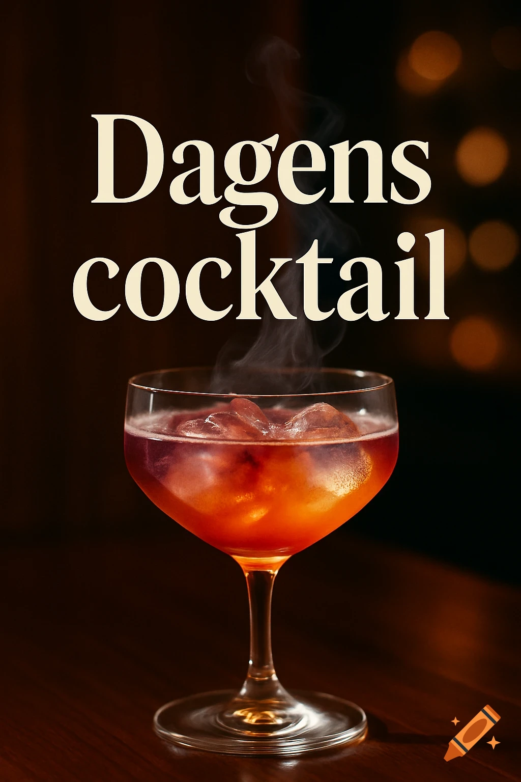 A steaming red-orange cocktail with ice in a stemmed glass, featuring the text 'Dagens cocktail' above it, against a dark bokeh background.