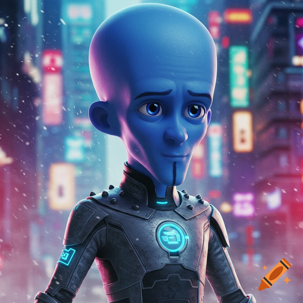 Close-up of the animated character Megamind, looking slightly forlorn, in a futuristic city with glowing neon lights and falling snow.