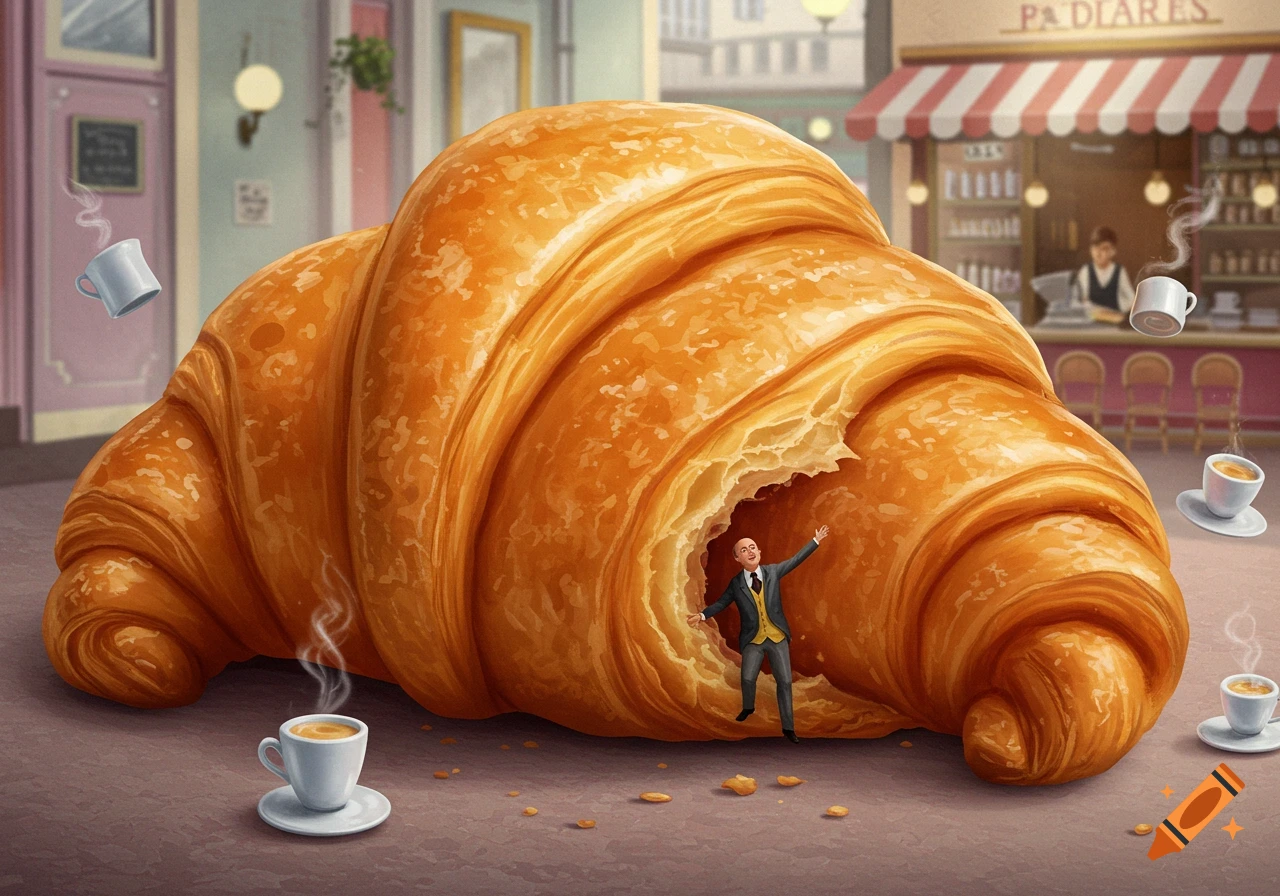 A giant croissant on a street with a tiny man emerging from it, floating coffee cups, and a bakery.