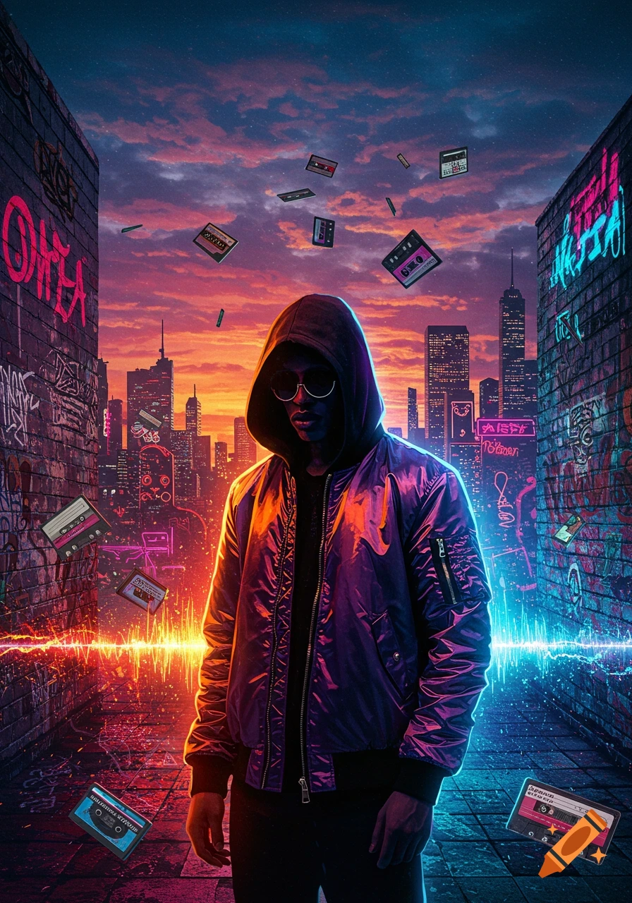 A hooded figure stands in a neon-lit urban alley at sunset, with graffiti, a city skyline, and floating cassette tapes.