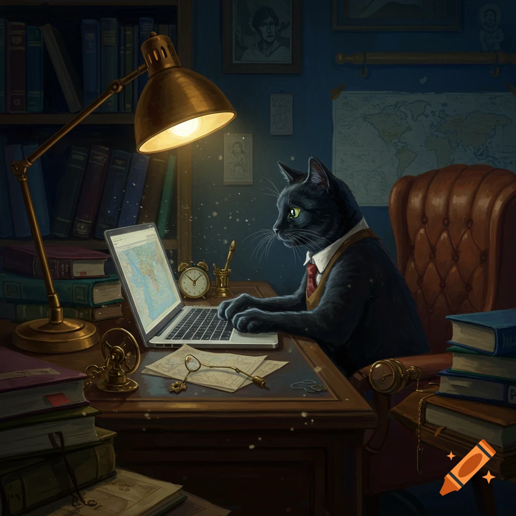 An anthropomorphic black cat in a suit types on a laptop at a lamp-lit wooden desk in a cozy study, surrounded by books.