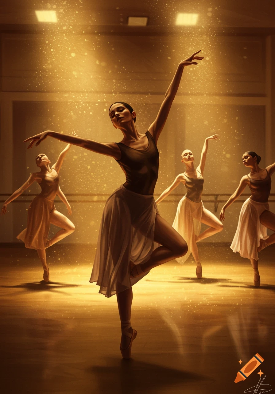 Four female ballet dancers in a studio, illuminated by golden light, performing a graceful routine in a painterly style.