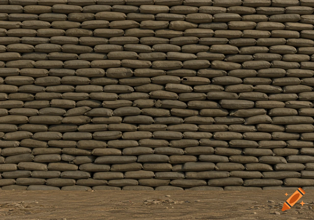 A towering wall made of countless stacked sandbags, forming a rough, protective barrier.