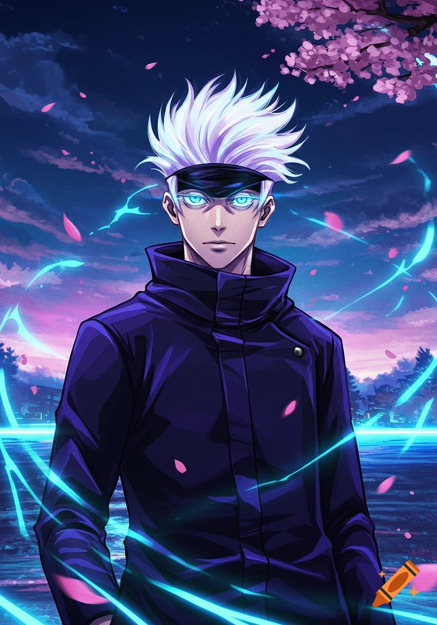 Anime man with white spiky hair and glowing blue eyes in a dark jacket, set against a night sky with pink cherry blossoms and blue energy.