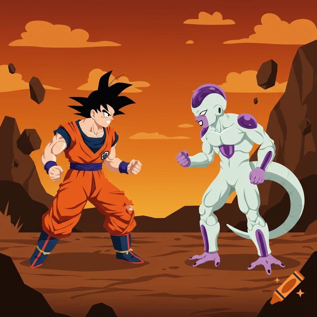 Goku and Frieza face off in an anime illustration, standing in a barren, rocky landscape under an orange, cloudy sky.