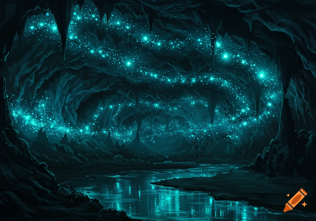 A dark cave illuminated by glowing blue light reflecting on an underground river.