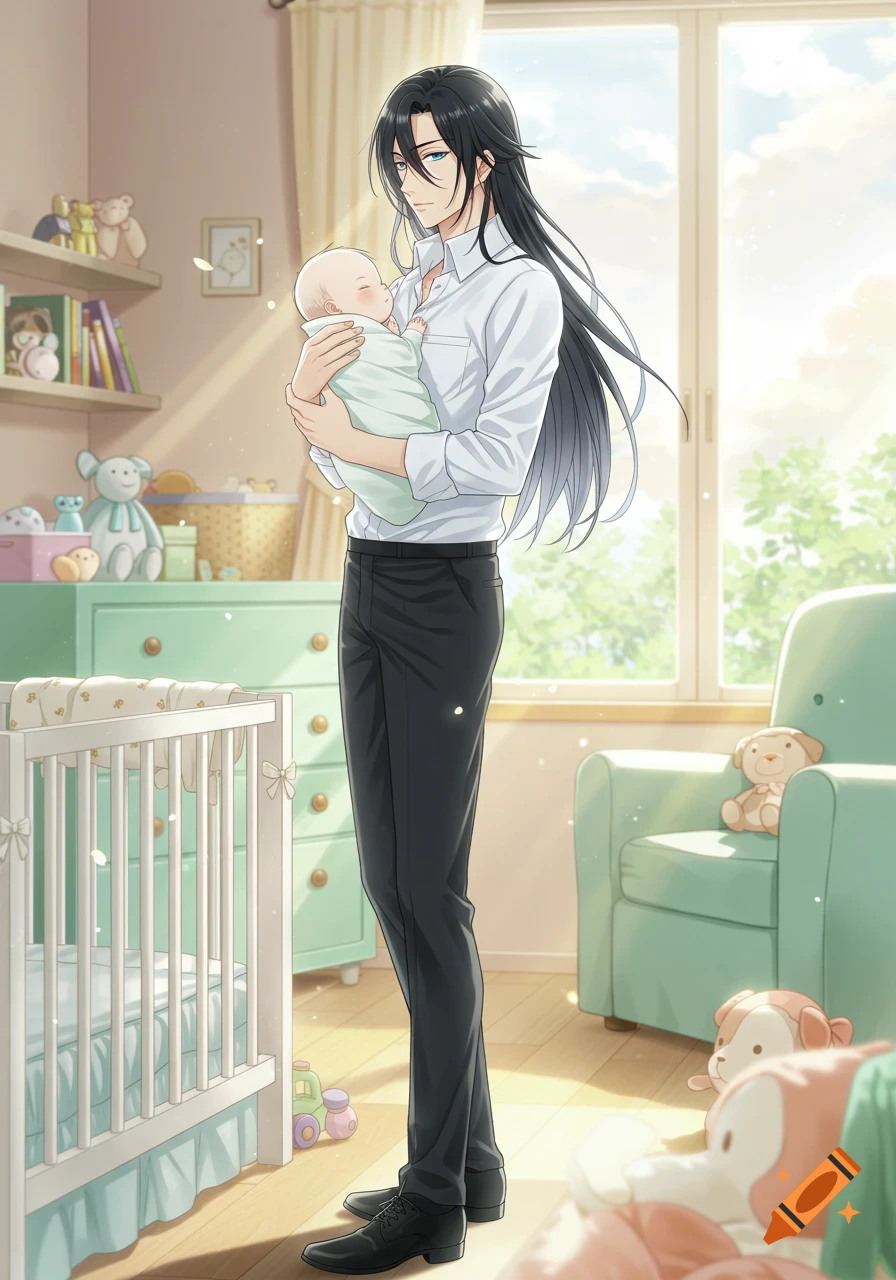 Anime man with long black hair holding a swaddled baby in a warm, sunlit nursery.