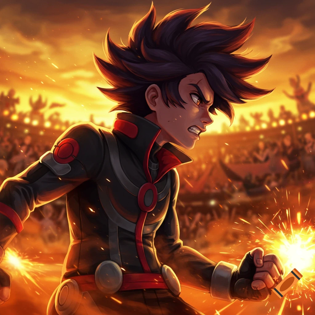 An angry anime-style male Pokémon trainer stands in a stadium, sparks flying from his fists under an orange sky.