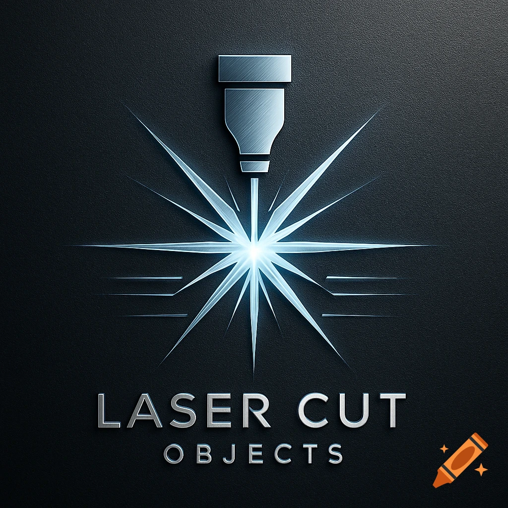 Shiny metallic logo with a laser nozzle, blue starburst, and text "LASER CUT OBJECTS" on a dark textured background.