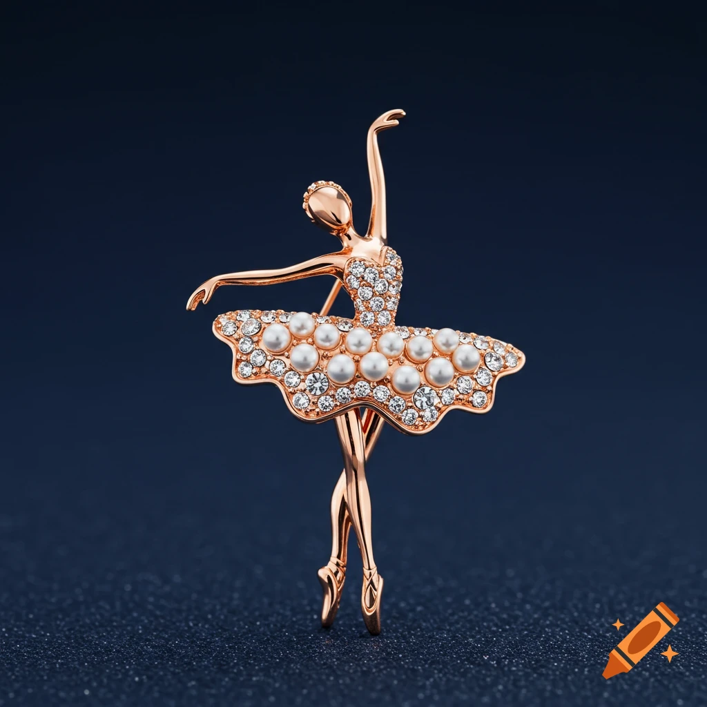 A close-up of a rose gold ballerina brooch, intricately designed with pearls and sparkling crystals, against a dark blue background.