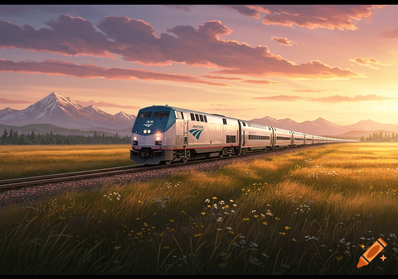 An Amtrak train travels through a golden field with mountains in the background under a dramatic sunset sky.