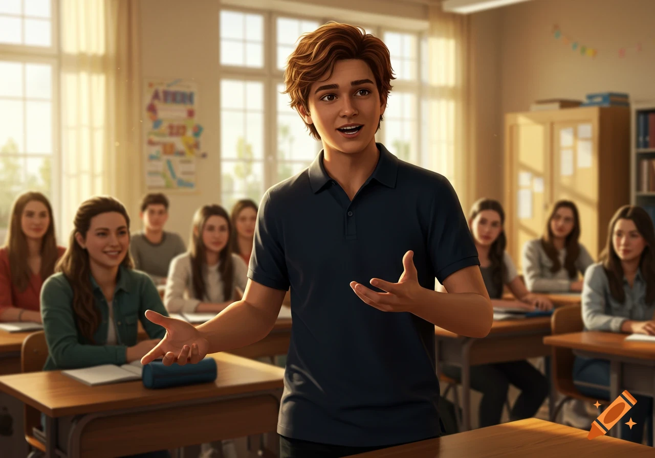 A smiling, confident teenage boy with brown hair speaks in a bright classroom, gesturing with his hands. Other students listen at desks.