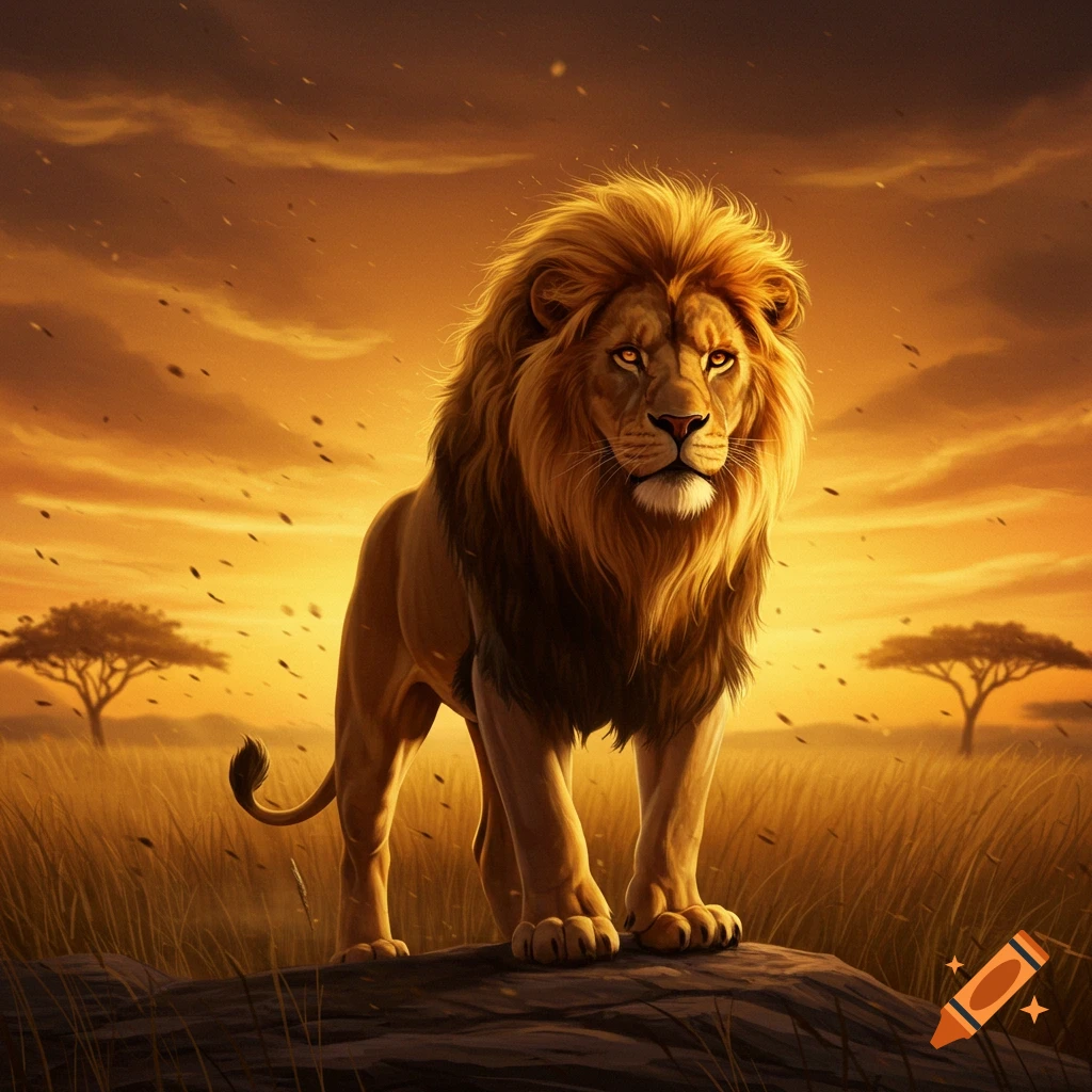 A majestic lion with a fiery mane stands on a rock in a golden savanna at sunset, with acacia trees in the distance, digital art.