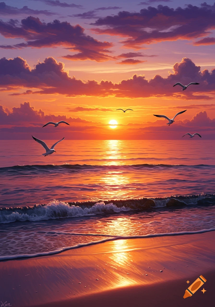 Vibrant sunset over the ocean, with the sun low on the horizon, reflecting orange and purple hues on the water and wet sand. Several seagulls fly across the colorful sky.