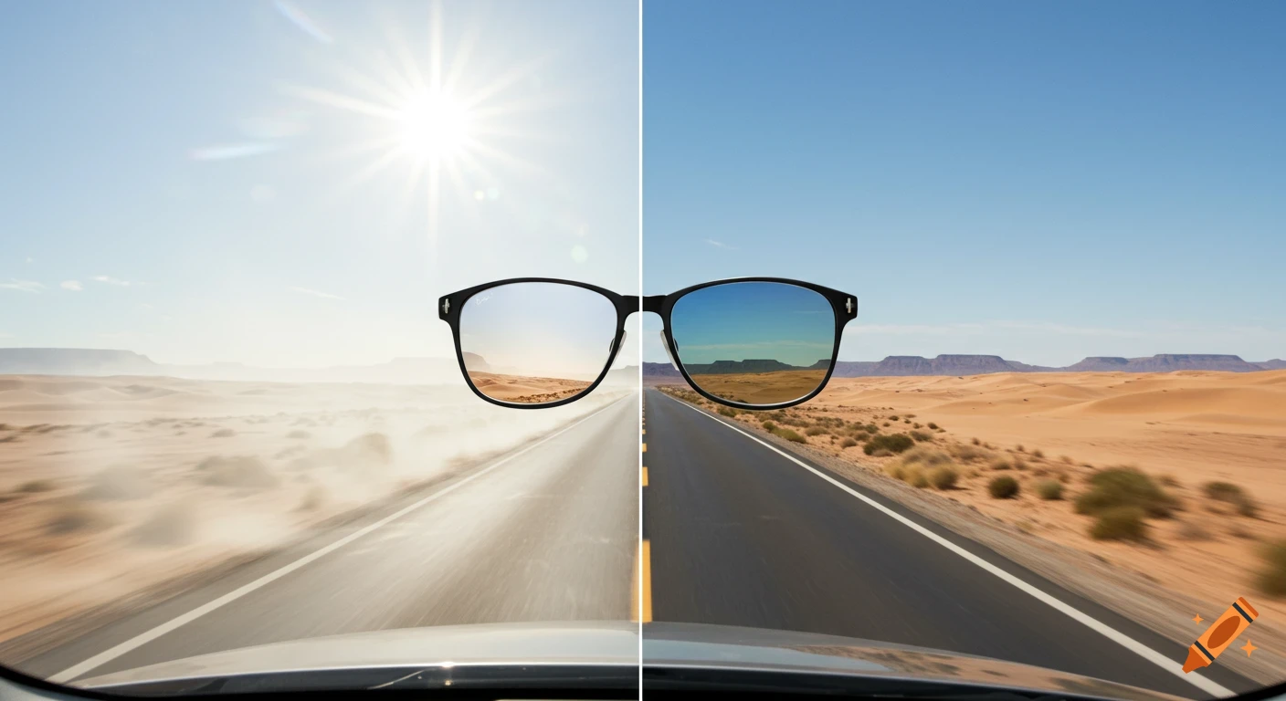 Driver's-eye view of a desert road, split into blurry, glaring unpolarized light and clear, sharp polarized light through sunglasses.