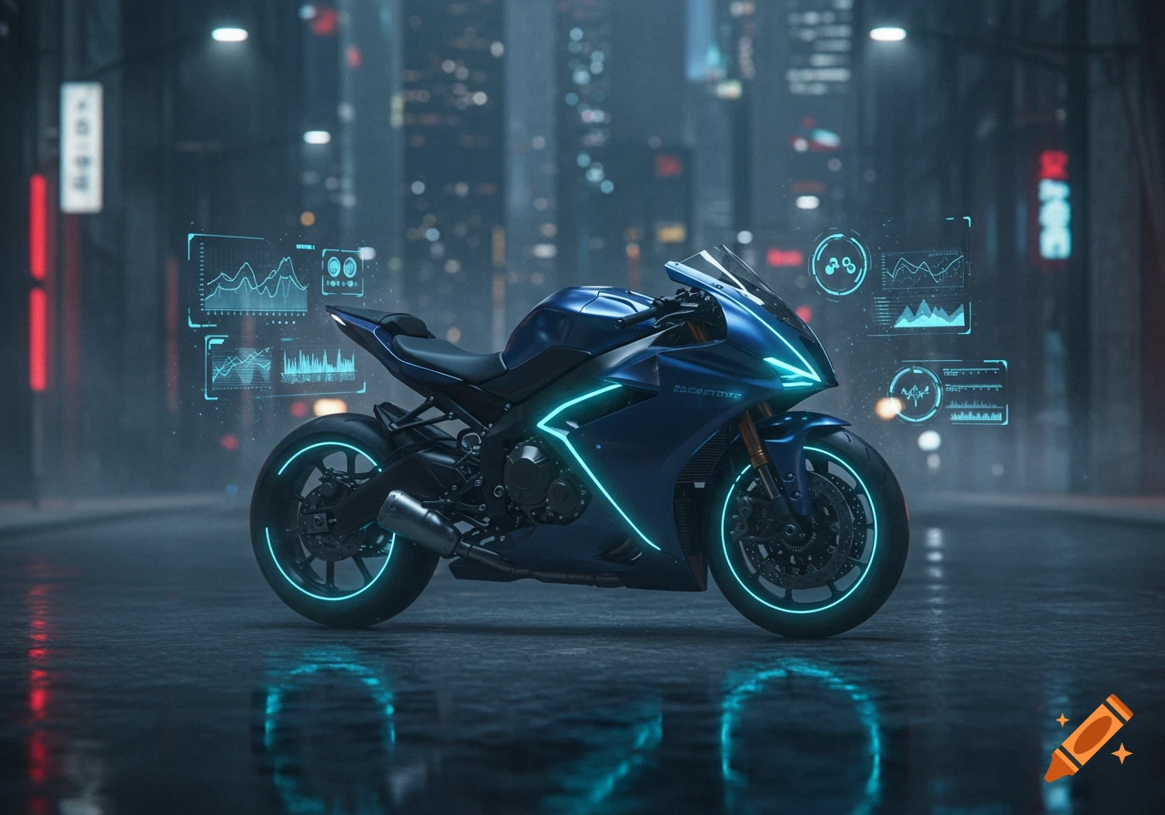 A sleek dark blue futuristic superbike with neon blue accents and holographic displays on a wet city street at night.