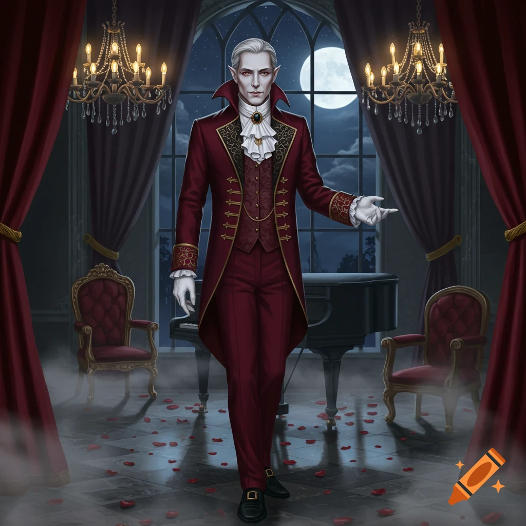 An elegant, pale vampire in a red and gold suit stands in a gothic mansion with a full moon outside.