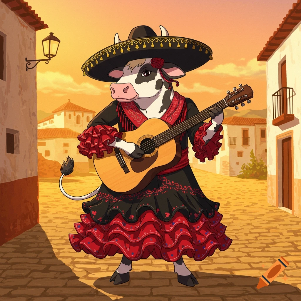 An anime-style cow wearing a charro hat and flamenco dress plays a guitar on a cobblestone street in a Spanish village.