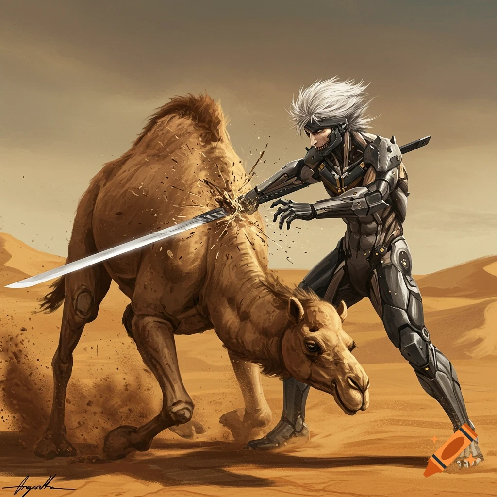A cyborg ninja, Raiden, slashes a camel with a sword in a sandy desert, rendered in a dynamic anime art style.