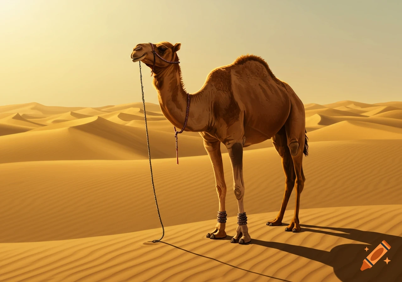 A dromedary camel stands in a vast, sunny desert with rolling sand dunes under a clear sky.