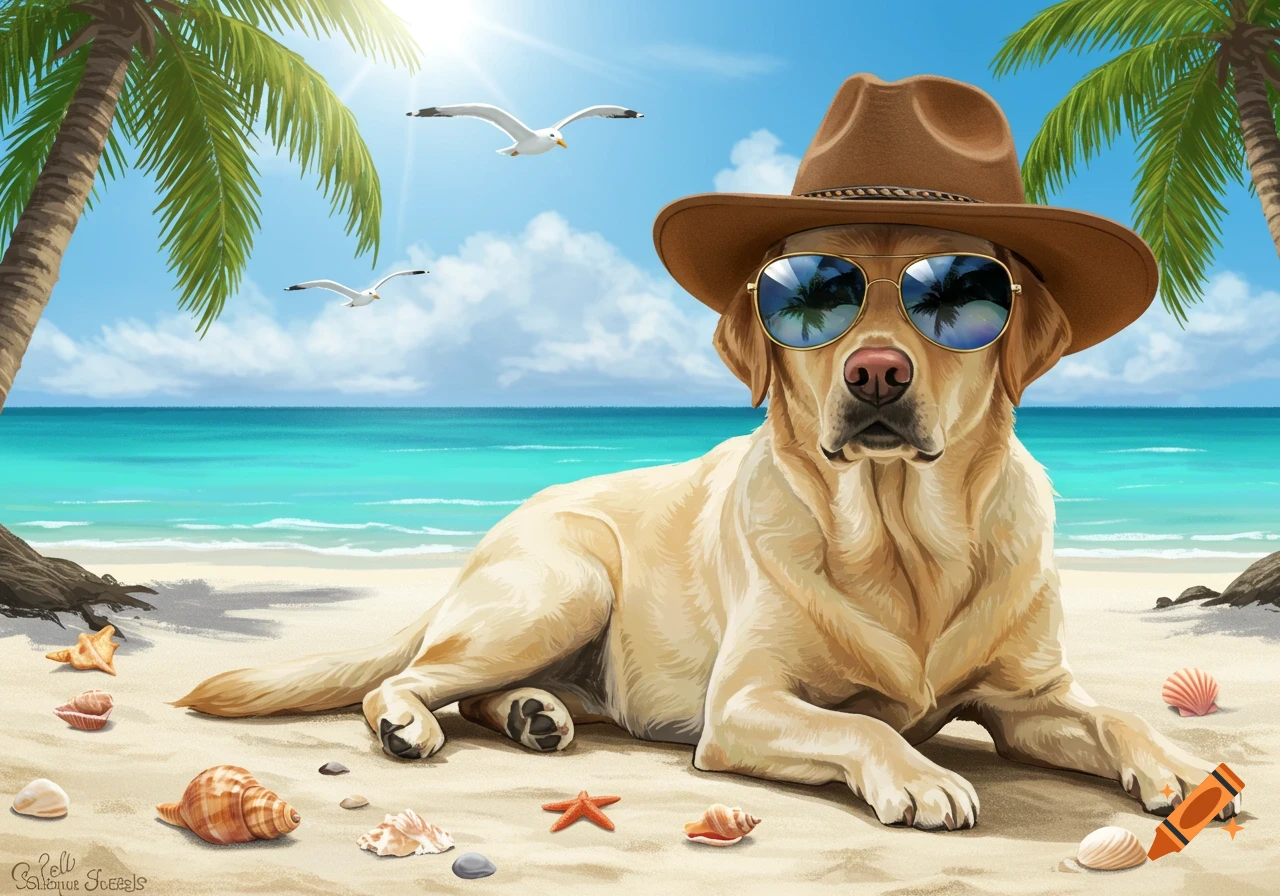 A cartoon-style golden Labrador dog wearing a brown cowboy hat and mirrored sunglasses, lying on a sunny beach with palm trees and seagulls.