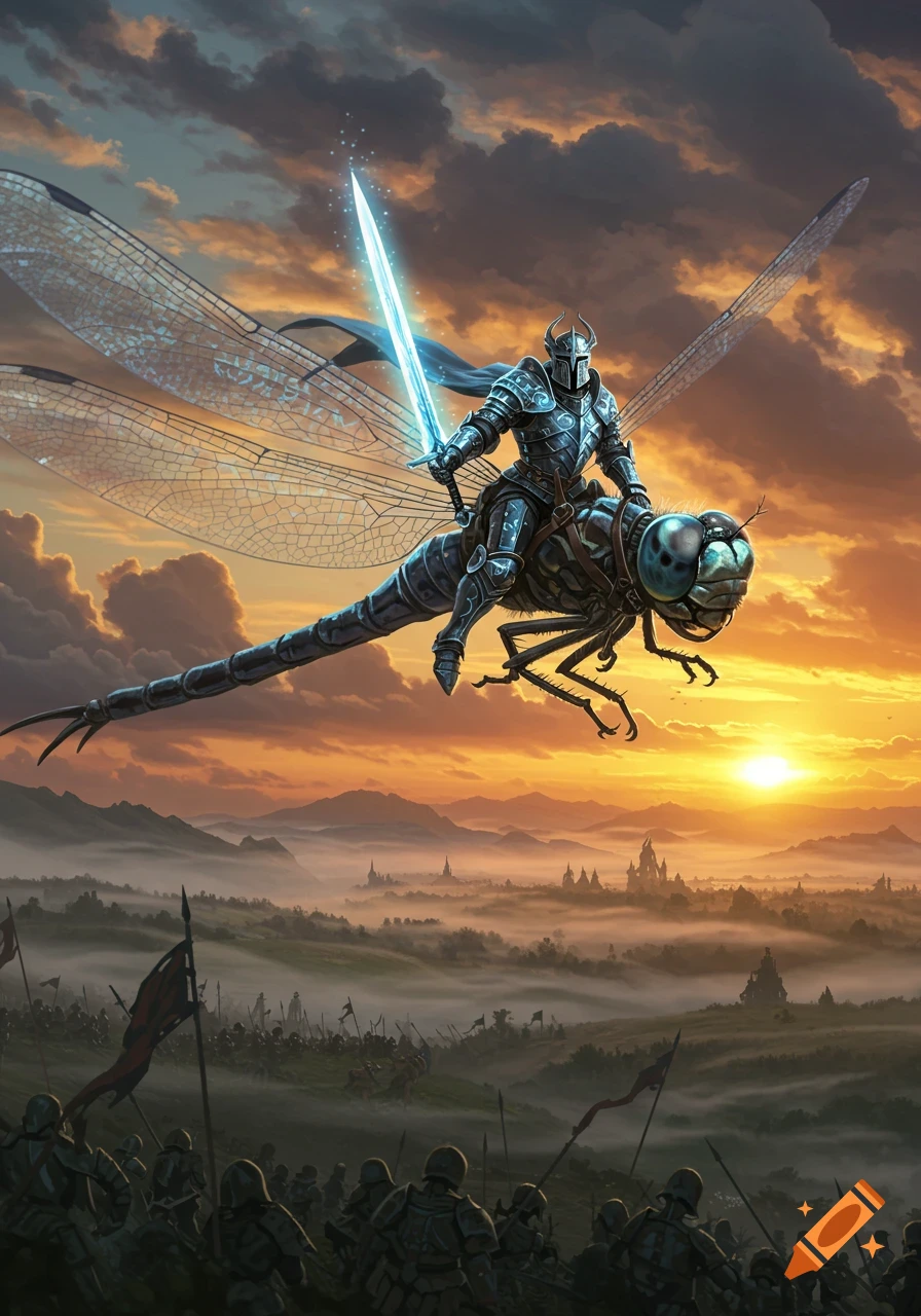 A fantasy knight rides a giant dragonfly over a misty battlefield with an army and castles at sunset, wielding a glowing sword.