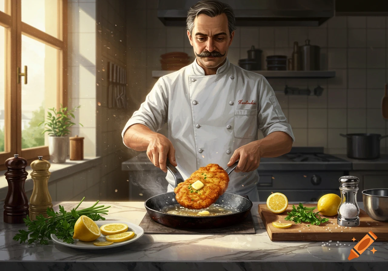 A mustachioed chef in a white uniform uses tongs to flip a breaded schnitzel in a sizzling pan in a sunlit kitchen.