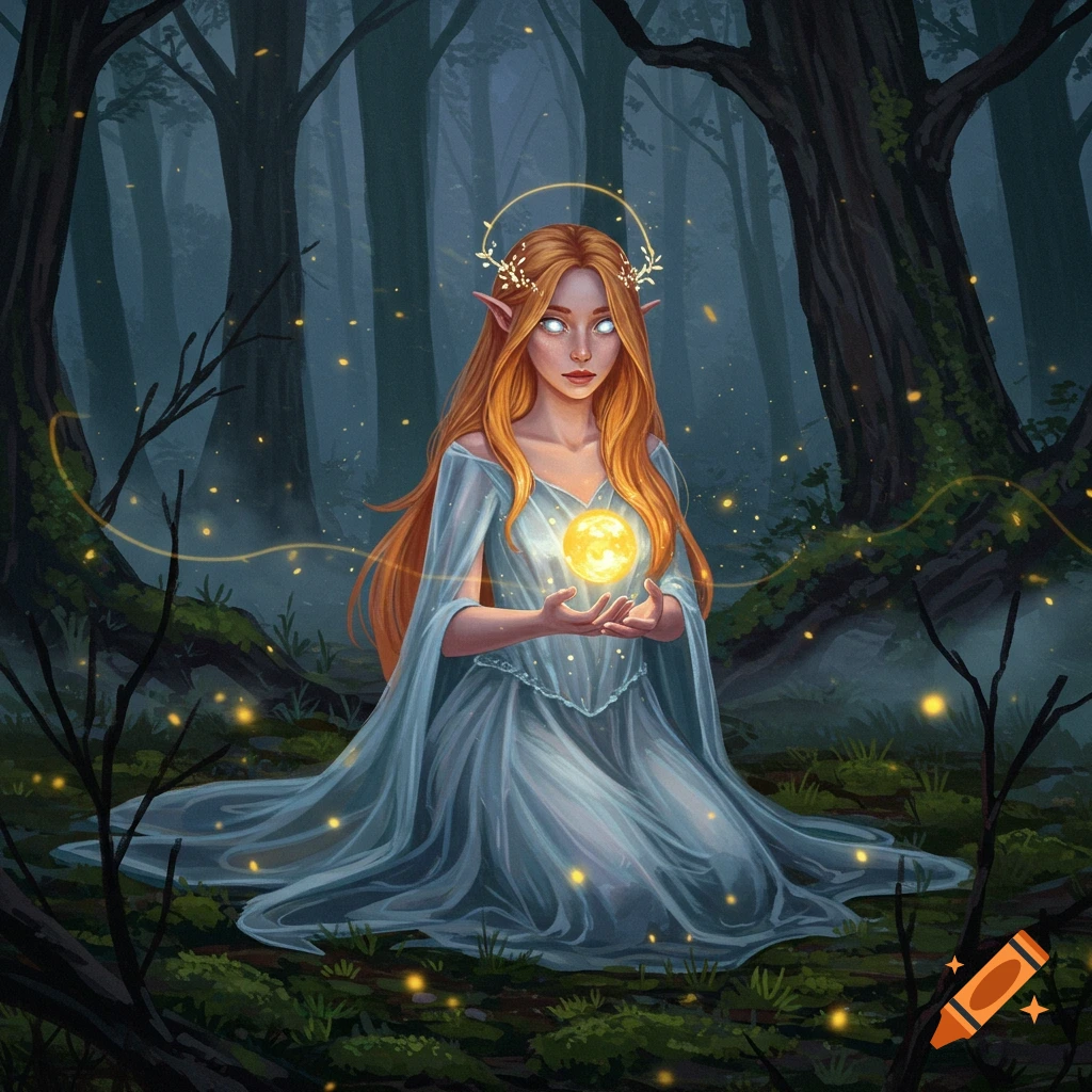 An elf-like woman with long red hair, white eyes, and a floral halo kneels in a dark, mossy forest, holding a glowing yellow orb. Digital painting.